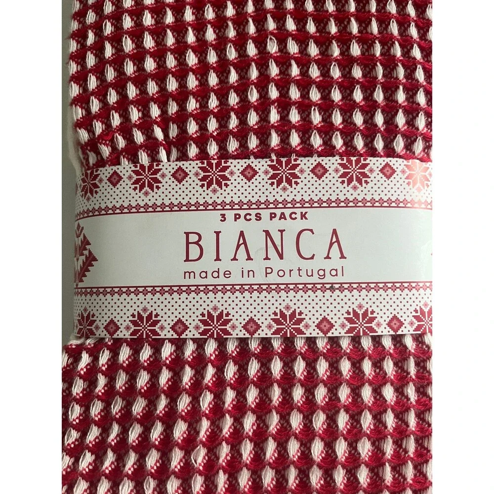 Bianca Kitchen Dish Towels Set Of 3 Waffle Weave Made in Portugal 100% Cotton